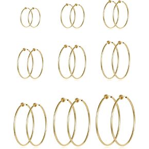 Tornito 9 Pairs Clip on Hoop Earrings Non Pierced Fake Spring Hoop Earrings for Women Men Silver Gold Tone