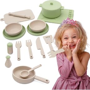 Play Kitchen Accessories, Silicone Pretend Play Kitchen Toys Set, Play Kitchen Pots and Pans Set for Kids, Learning Education Cooking Toys for Girls(Orange)