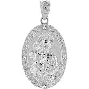 Fine 925 Sterling Silver CZ-Accented St. Joseph Oval Medal Necklace (1.15")