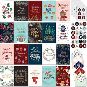 Decorably 100 Pack Foiled & Glittery Christmas Cards with Envelopes & Stickers, 20 Designs Printed Message Inside Christmas Cards Bulk, 4x6in Merry Christmas Card, Boxed Christmas Cards with Envelopes