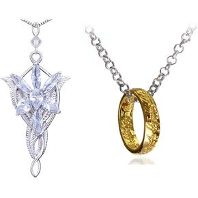 2 Set The Lord the Rings Lady Arwen Evenstar Inspired Necklace Engraved Gold Tone The Ring Pendant Necklace for Fans Cosplay Costume Jewelry