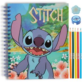 Disney Stitch Sketchbook for Kids with Colored Pencils, Pencil Sharpener, Eraser, Spiral Bound, Blue