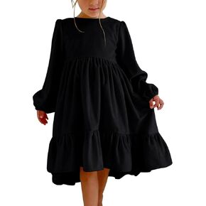 Haloumoning Girls Velvet Dress Long Sleeve Crew Neck A-Line Tiered Elegant Party Holiday Dresses 5-14Y