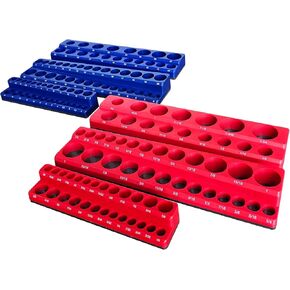 Magnetic Socket Organizer Set, 6 Pcs Red SAE and Blue Metric Socket Tray Set for 1/4", 3/8" & 1/2" Sizes Drive, Socket Holder Holds 143 Sockets for Tool Box