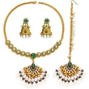 Indian Jewelry Set For Women Bollywood Antique Rhinestone Jhumka Tassel Jewellery Wedding Outfits Pendent Choker Necklace Earrings Bridal Maang Tikka Fancy Party Dance Costume Girls Accessories Boho Traditional Gift