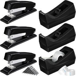 Thenshop 6 Pcs Desk Staplers Tape Dispensers Sets Black Staplers for Desk Office Stapler with Standard Staples Black Tape Holder Desktop Tape Dispenser with White Tape for Office School