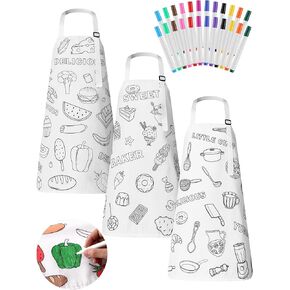 3 Pcs DIY Coloring Apron for Girls Boys Painting Apron with 24 Fabric Markers Fun & Educational Craft White Aprons for 6-10 Years Old