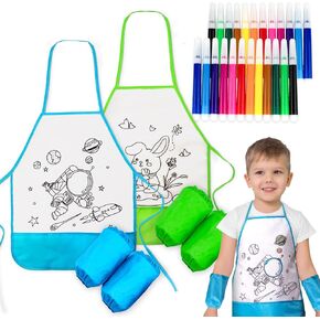 DoodleDoo 2 PCS DIY Kid Aprons, Coloring Apron with Colored Pens, Waterproof Smocks for Kids, Children's Art Craft Painting Aprons with Sleeve (Pink & Purple)