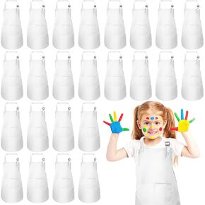 24Pcs Kids Apron Set, 17 x 24 inch Adjustable Children Kitchen Chef Aprons White Cooking Apron Bulk with 2 Pockets for Boys Girls Painting Baking, L for 7-13 Age