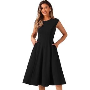 Allegra K Work Office Dress for Women's 2024 Cap Sleeve Elegant Cinched Waist Pockets A-Line Midi Dress