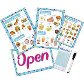 6 Pcs Pretend Play Restaurant Menu for Kids Kitchen Food Diner Menu Playset, 4 Pretend Restaurant Menus 1 Guest Checks Server Notepad 1 Erasable Pen for Children Toddler Role Play Playset Accessories