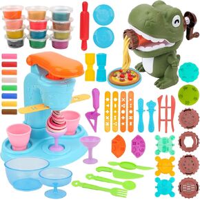 Playdough Sets for Kids Ages 4-8, 2 in 1 Playdough Ice Cream Set with 12 Colors Dough, Dinosaur Noodle Maker with Food Model, Kitchen Toy Color Dough Set for Making Noodles Cookie, Gift for Girls Boys