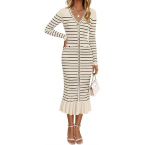 ZESICA Women's Striped Sweater Dress 2024 Fall Long Sleeve V Neck Button Elegant Slim Fit Bodycon Knit Dresses