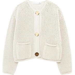 Wyeysyt Womens Cropped Cardigan Sweaters Chunky Knit Gold Button Down Open Front Cardigan Long Sleeve Crop Crochet Sweaters