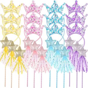 Princess Wands Party Favors Glitter Star Fairy Wands Sequin Princess Crown Headbands for Girls Birthday Party Gifts