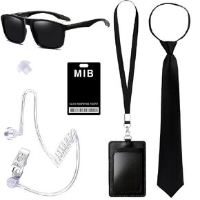6PCS Agent Costume Accessories, Secret Service Costume Set Spy Costume Accessories with Black Sunglasses Zip Tie Earpiece ID Card and Card Holder for Men Women Kids for Cosplay Party