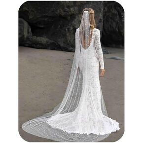 Cathedral Wedding Veils Long Pearl Bride Veil with Comb 1 Tier White Lace Veils Brides Hair Accessories for Women