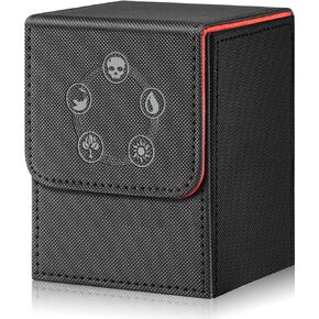 Card Deck Box for MTG,YuGiOh, KeyForge, Digimon FAB Card Storage Box Fits 230+ Single Sleeved Cards, PU Leather Strong Magnet Card Deck Case Holder for TCG CCG Magic Commander (Black&Red)