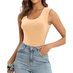 MANGOPOP Women Scoop Neck Sleeveless Bodysuit Double Lined Basic T Shirts Tank Tops