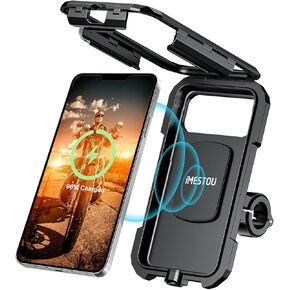 iMESTOU Waterproof IP67 Motorcycle Phone Mount Wireless/USB C Charger Handlebar Cellphone Holder Quick Charge for 5.5"-6.8" Phones, Work by Wiring to 12/24V Motorcycles or Plugging to USB A Sockets