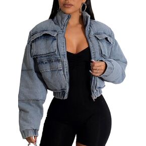 KANSOON Puffer Jacket Womens Denim Long Sleeve Stand Collar Zip Up Puffy Winter Coat Multiple Pockets