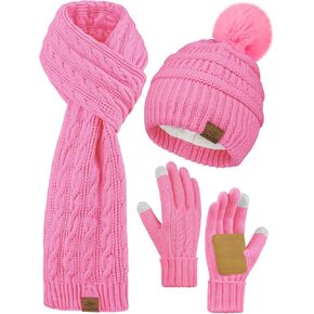 URATOT Winter Beanie Hat Scarf Gloves 3 in 1 Set for Women Fleece Lined Beanie Pompom Hat Touchscreen Gloves Long Scarf