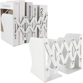 SHUESS 2 Pack Adjustable Bookends, Expandable Metal Book Ends for Heavy Book Holder, 2 Dividers, White Book Stoppers to Hold Books Heavy Duty, Desk Book Ends for Shelves for Office & School