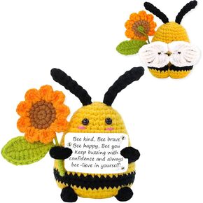 QNNEFF Funny Positive Bee with Inspirational Card Emotional Support Crochet Bee Figurine Handmade Cheer Up Gift Wool Knitted Bee with Sunflower Novelty Encouragement Gifts