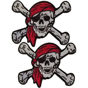 Heiorpai 2Pcs Pirate Jolly Roger with Red Bandana Patch Embroidered Cool Iron On or Sew On Patches