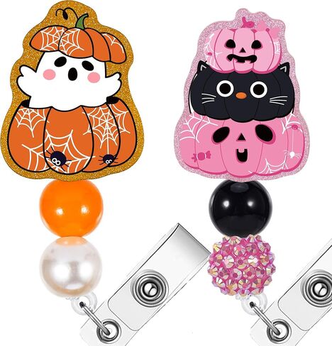 AFRITEE Autumn Badge Reel Retractable - Cute Orange Pumpkin Car Nurse ID Badge Reel with Alligator Clip, Funny Acrylic Retractable Badge Holder for Halloween Hospital Student Medical Assistant Gifts in Kuwait