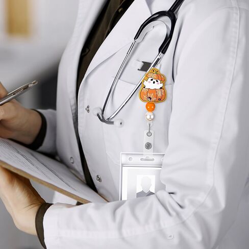 AFRITEE Autumn Badge Reel Retractable - Cute Orange Pumpkin Car Nurse ID Badge Reel with Alligator Clip, Funny Acrylic Retractable Badge Holder for Halloween Hospital Student Medical Assistant Gifts in Kuwait