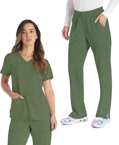 Dickies Scrub Set for Women V-Neck Top DK615 Natural Rise Tapered Leg Pull-On Pant DK005 with 360° Stretch Fabric, Olive- L Top/L Pant in Saudi Arabia