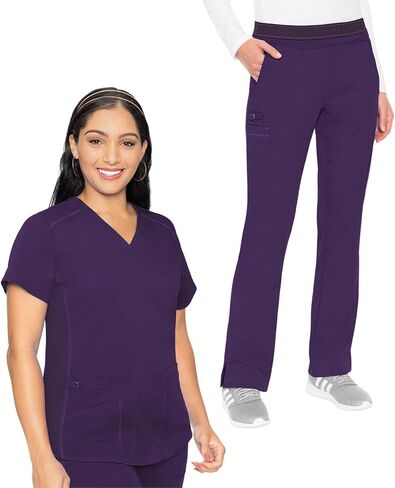 Med Couture Scrub Set for Women, 11 Pockets with V-Neck Scrub Top MC7459 and Comfortable Scrub Pants, MC7739, Eggplant - M Top/M Pant in Saudi Arabia