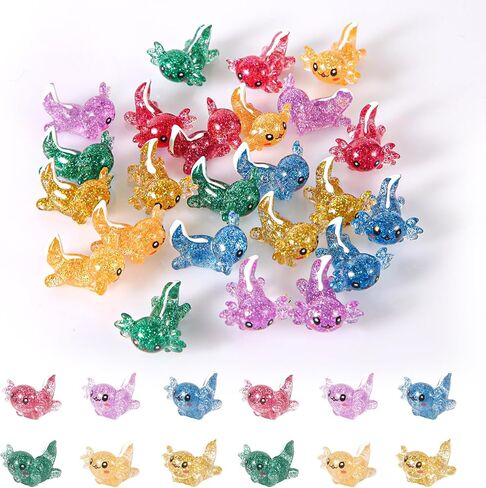 24pcs Mini Resin Axolotl Figurines, Glitter Miniature Axolotl Charms Toys Tiny Animal Cheap Figures for DIY Craft Garden Landscape Dollhouse Aquarium Ornament Home Decorations (6 Colors) in Saudi Arabia