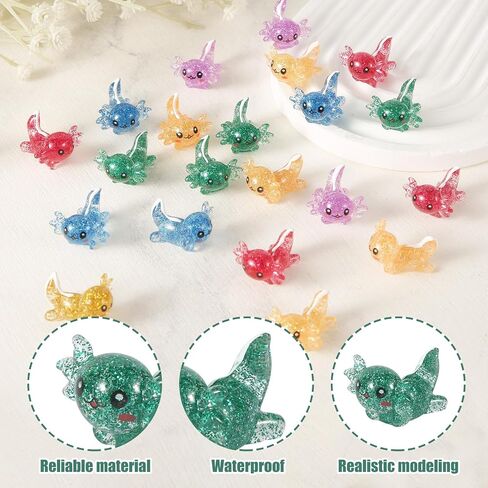 24pcs Mini Resin Axolotl Figurines, Glitter Miniature Axolotl Charms Toys Tiny Animal Cheap Figures for DIY Craft Garden Landscape Dollhouse Aquarium Ornament Home Decorations (6 Colors) in Saudi Arabia