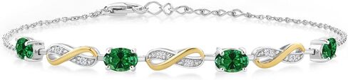 Gem Stone King 925 Sterling Silver and 10K Yellow Gold Green Created Emerald and White Lab Grown Diamond Tennis Bracelet For Women (1.45 Cttw, Oval 6X4MM, Fully Adjustable Up to 7.5 Inch) in Saudi Arabia