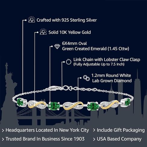 Gem Stone King 925 Sterling Silver and 10K Yellow Gold Green Created Emerald and White Lab Grown Diamond Tennis Bracelet For Women (1.45 Cttw, Oval 6X4MM, Fully Adjustable Up to 7.5 Inch) in Saudi Arabia
