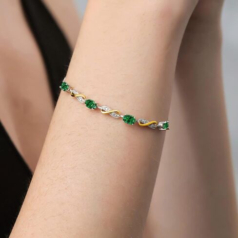 Gem Stone King 925 Sterling Silver and 10K Yellow Gold Green Created Emerald and White Lab Grown Diamond Tennis Bracelet For Women (1.45 Cttw, Oval 6X4MM, Fully Adjustable Up to 7.5 Inch) in Saudi Arabia