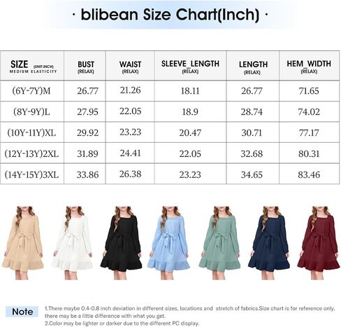 فساتين blibean للفتيات من القطن بأكمام طويلة للخريف من القطن للأطفال الكبار بوهو مكشكشة ورقبة مربعة فستان بحزام شبه رسمي سادة كاجوال فاخر للحفلات ملابس ربيعية أنيقة مقاس 14 15 16 سنة بيج in Saudi Arabia