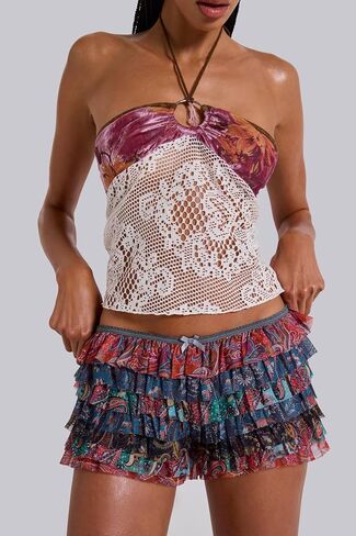 Women Y2k Lace Trim Ruffle Shorts Lolita Layered Frill Bloomers Fairy Tiered Pumpkin Pants Pajama Bottoms in Saudi Arabia