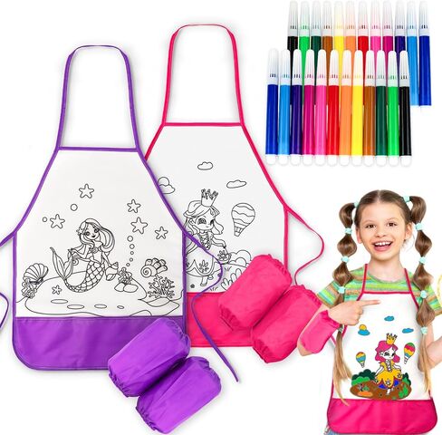 DoodleDoo 2 PCS DIY Kid Aprons, Coloring Apron with Colored Pens, Waterproof Smocks for Kids, Children's Art Craft Painting Aprons with Sleeve (Pink & Purple) in Saudi Arabia