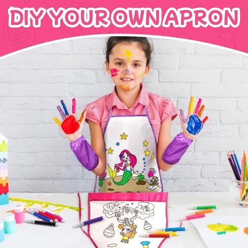 DoodleDoo 2 PCS DIY Kid Aprons, Coloring Apron with Colored Pens, Waterproof Smocks for Kids, Children's Art Craft Painting Aprons with Sleeve (Pink & Purple) in Saudi Arabia