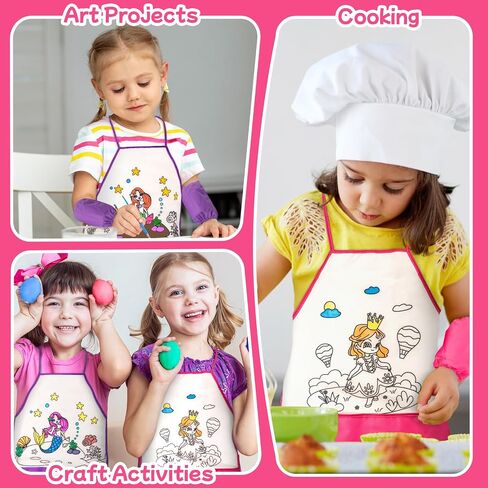 DoodleDoo 2 PCS DIY Kid Aprons, Coloring Apron with Colored Pens, Waterproof Smocks for Kids, Children's Art Craft Painting Aprons with Sleeve (Pink & Purple) in Saudi Arabia