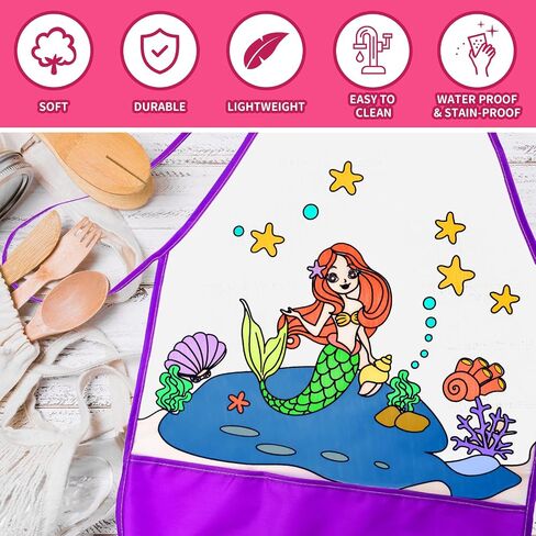 DoodleDoo 2 PCS DIY Kid Aprons, Coloring Apron with Colored Pens, Waterproof Smocks for Kids, Children's Art Craft Painting Aprons with Sleeve (Pink & Purple) in Saudi Arabia