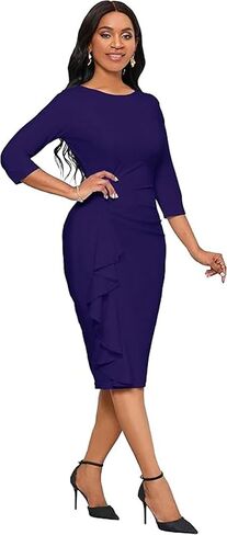 Women's Church Dresses 3/4 Sleeve Ruffle Vintage Bodycon Ruched Work Business Pencil Party Midi Dress in Saudi Arabia