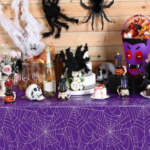 Peryiter 3 Pcs Halloween Tablecloth Spider Web Plastic Rectangle Table Cloth 54 x 108 Inch Waterproof Disposable Spider Web Table Cloth for Home Halloween Party Decorations (Purple) in Saudi Arabia