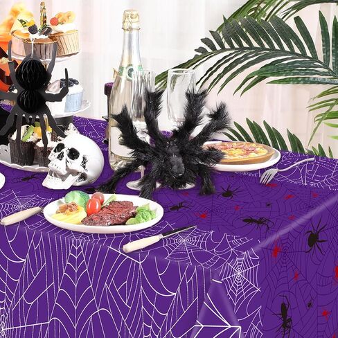 Peryiter 3 Pcs Halloween Tablecloth Spider Web Plastic Rectangle Table Cloth 54 x 108 Inch Waterproof Disposable Spider Web Table Cloth for Home Halloween Party Decorations (Purple) in Saudi Arabia