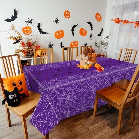 Peryiter 3 Pcs Halloween Tablecloth Spider Web Plastic Rectangle Table Cloth 54 x 108 Inch Waterproof Disposable Spider Web Table Cloth for Home Halloween Party Decorations (Purple) in Saudi Arabia