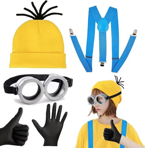 Atvscay Cartoon Party Costume Kit: Yellow Beanie Hat, Goggles, Gloves, Suspenders in Kuwait