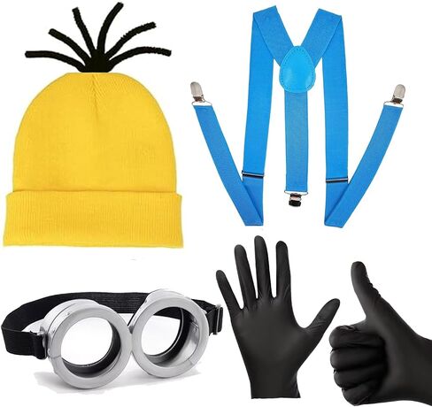 Atvscay Cartoon Party Costume Kit: Yellow Beanie Hat, Goggles, Gloves, Suspenders in Kuwait